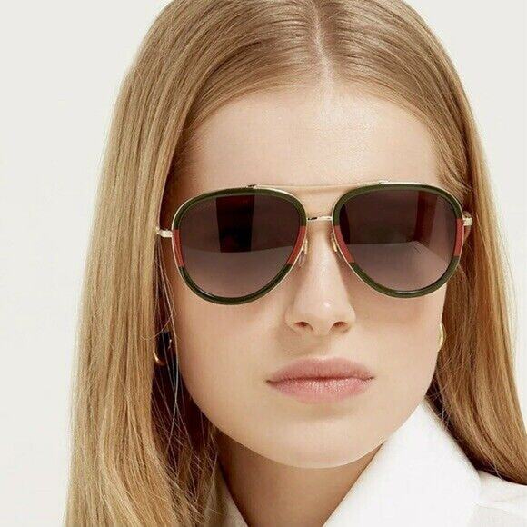 GUCCI GG0062S 003 Gold Green Red Grey Lens Women Aviator Sunglasses AUTHENTIC main image 8